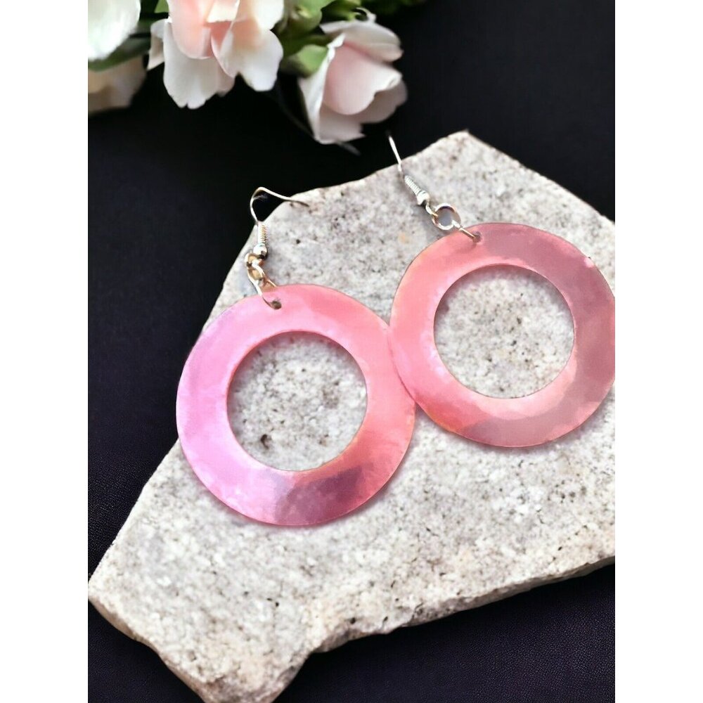 Beachy Tropical Light Pink Shell Dangle Hoop Silver Earrings